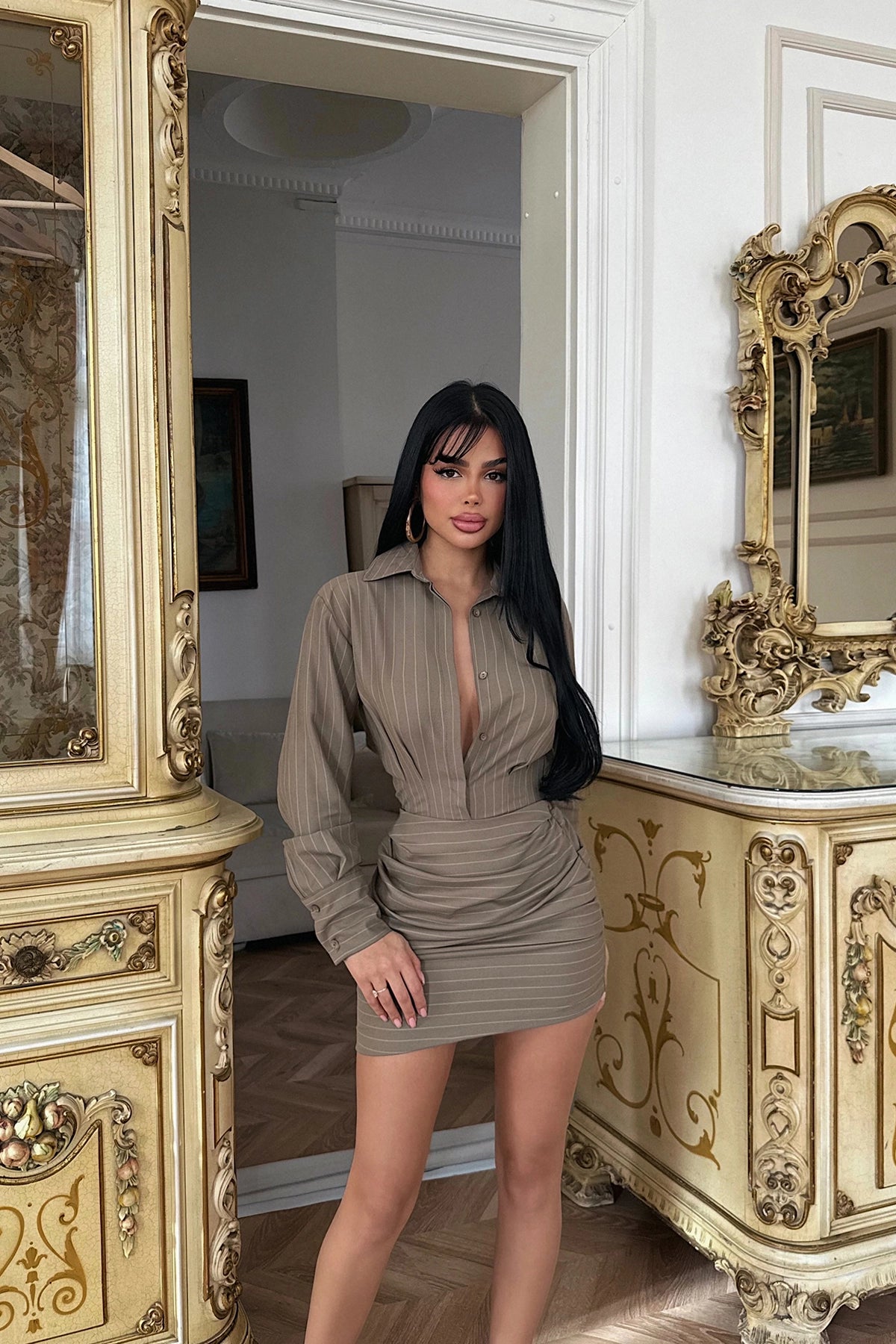Cream Striped Shirt Collar Mini Dress