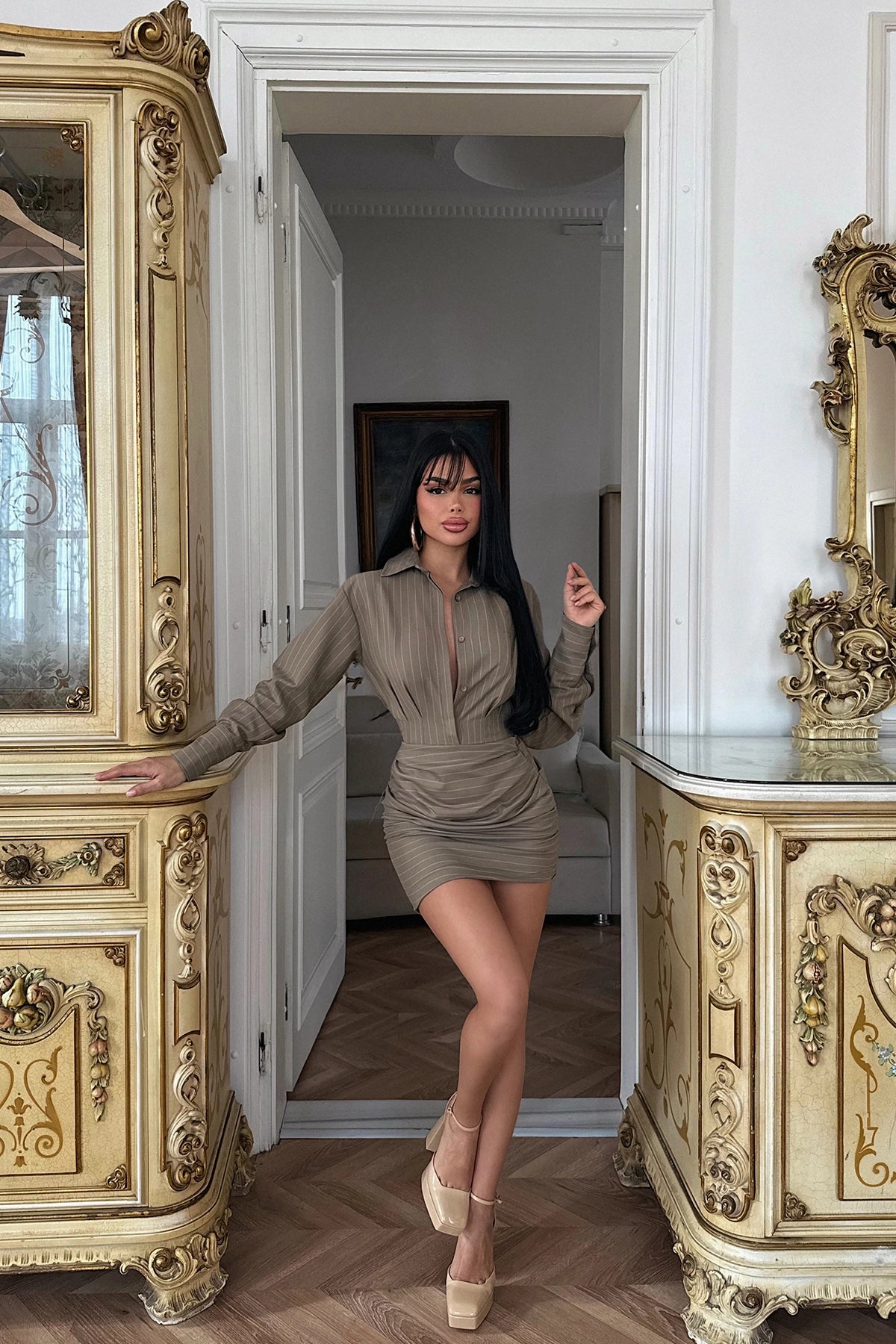 Cream Striped Shirt Collar Mini Dress